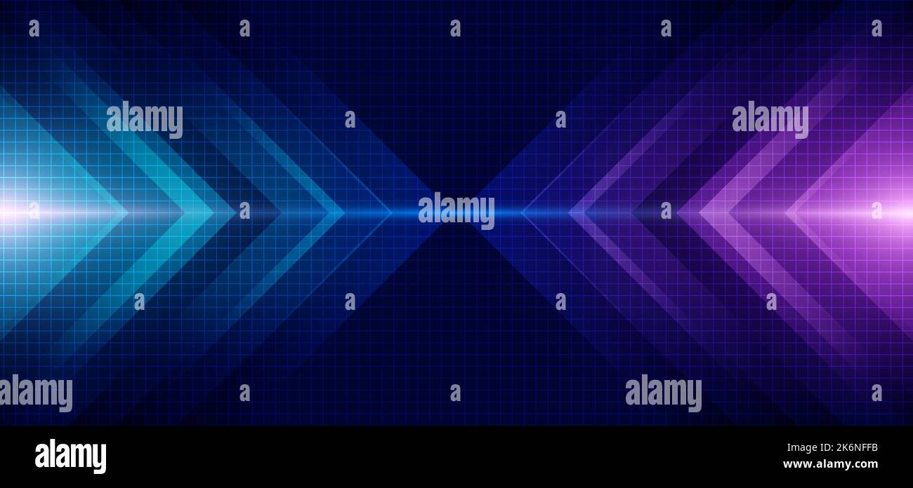 Abstract blue and purple arrow glowing with lighting and line grid on blue background technology hi-tech concept. Vector illustration Stock Vector