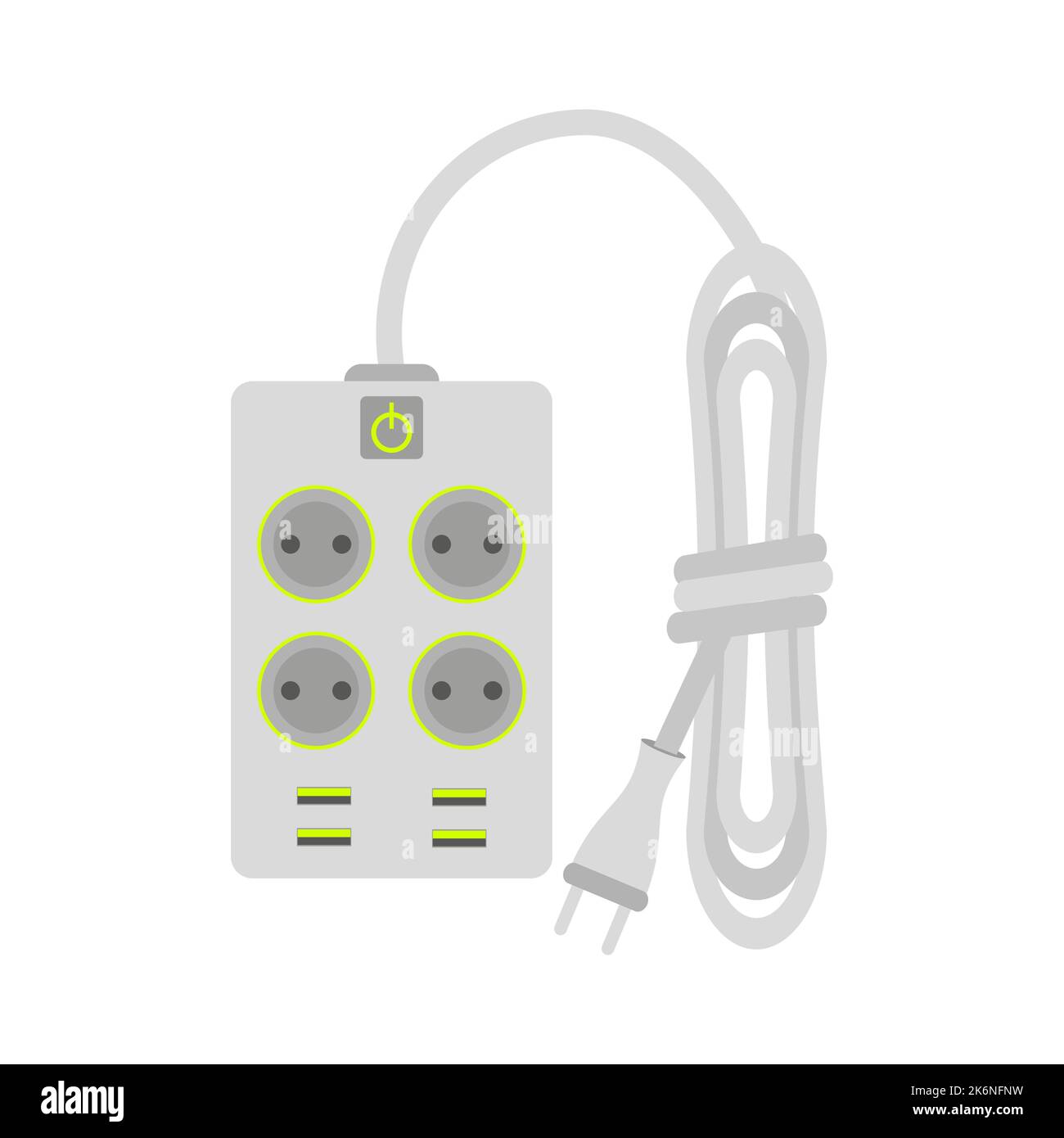 Power surge protector extension cord white flat. Multifunction electronic gadget assistant plug type c usb socket switch button multiplication multiple device simultaneously in same place isolated Stock Vector