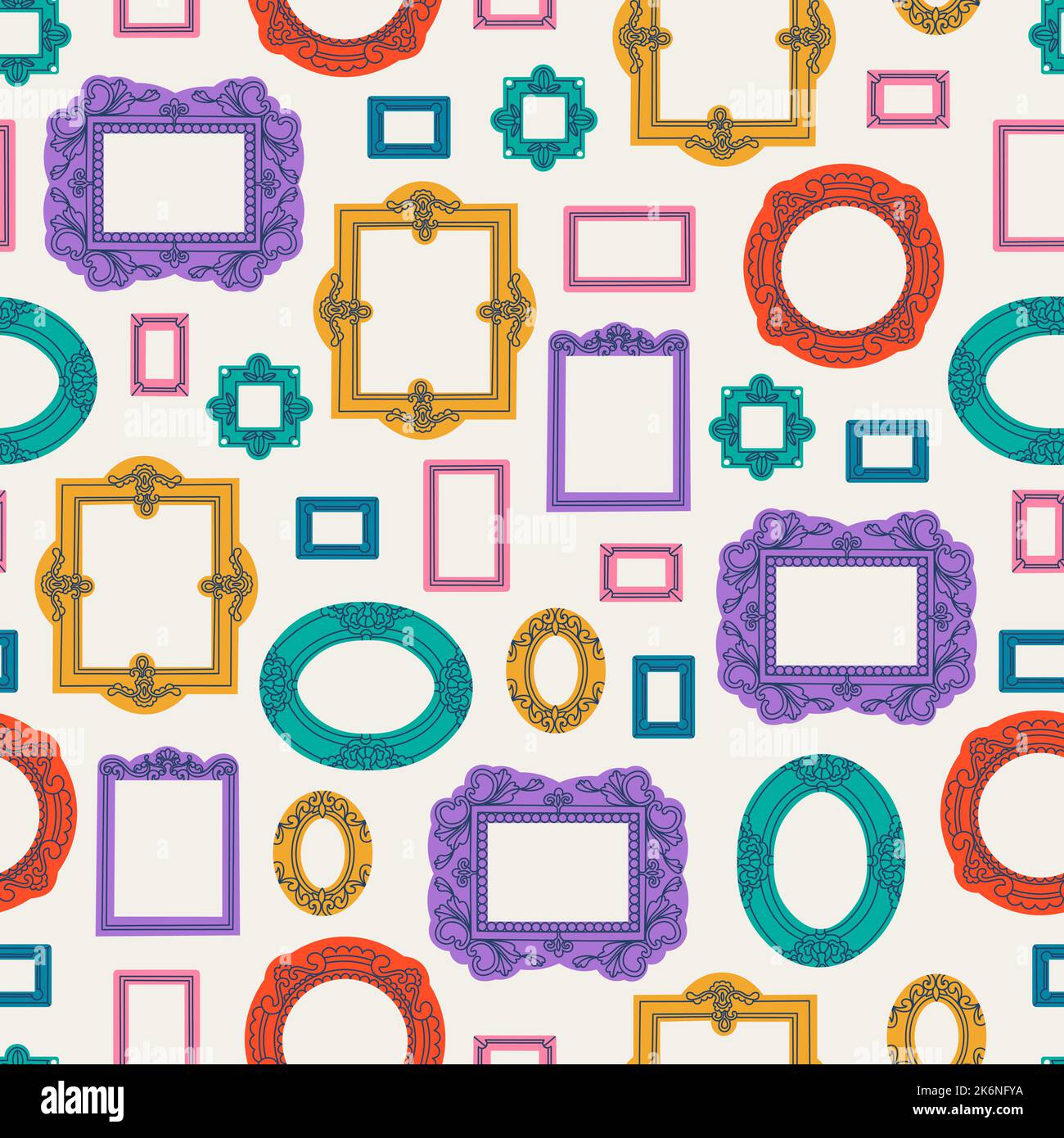 Vector seamless pattern with various picture frames. Rectangular, oval, carved, museum picture frames. Stock Vector