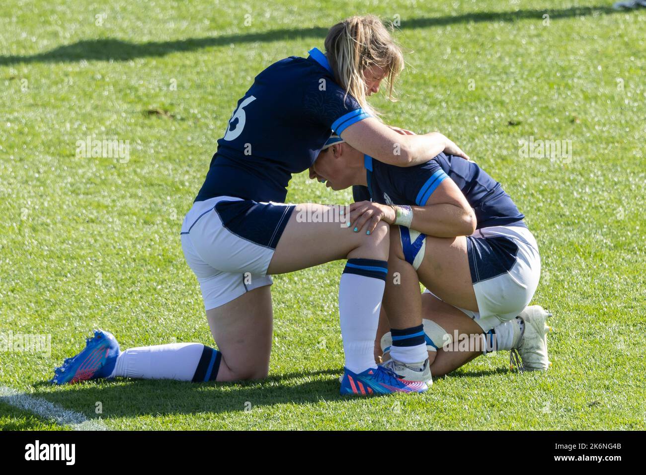 Scotland's Jodie Rettie and Scotland captain Rachel Malcolm console each other after the 14-12 loss during the Women's Rugby World Cup pool A match at Northland Events Centre, Whangarei, New Zealand. Picture date: Saturday October 15, 2022. Stock Photo