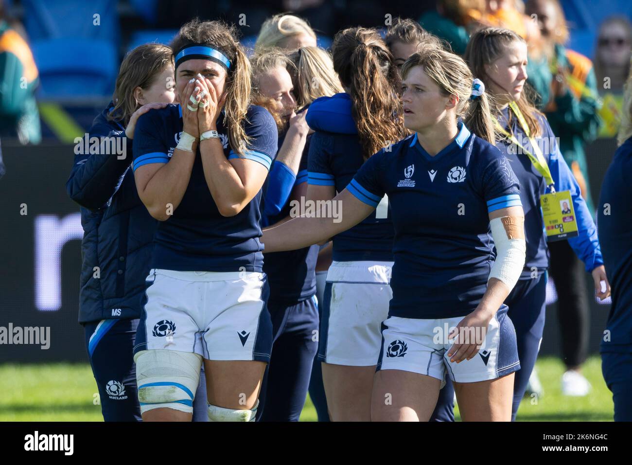 Scotland's Emma Wassell and Hannah Smith console each other after the 14-12 loss during the Women's Rugby World Cup pool A match at Northland Events Centre, Whangarei, New Zealand. Picture date: Saturday October 15, 2022. Stock Photo