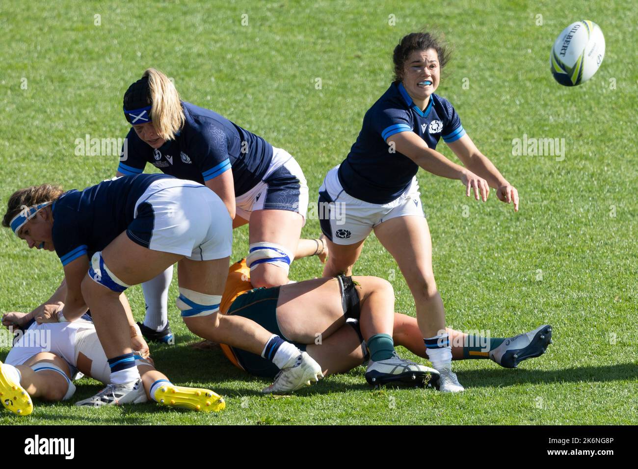 Scotland's Caity Mattinson passes the ball out during the Women's Rugby World Cup pool A match at Northland Events Centre, Whangarei, New Zealand. Picture date: Saturday October 15, 2022. Stock Photo