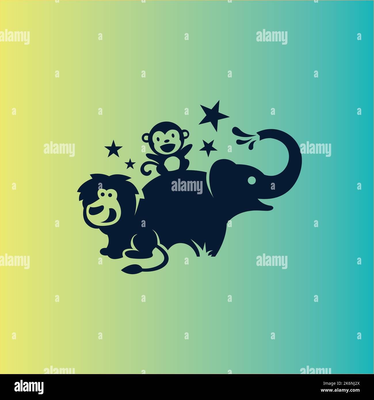 Animal Kids Cute Logo, Lion Monkey and Elephant, Jungle Animal Logo Stock Vector