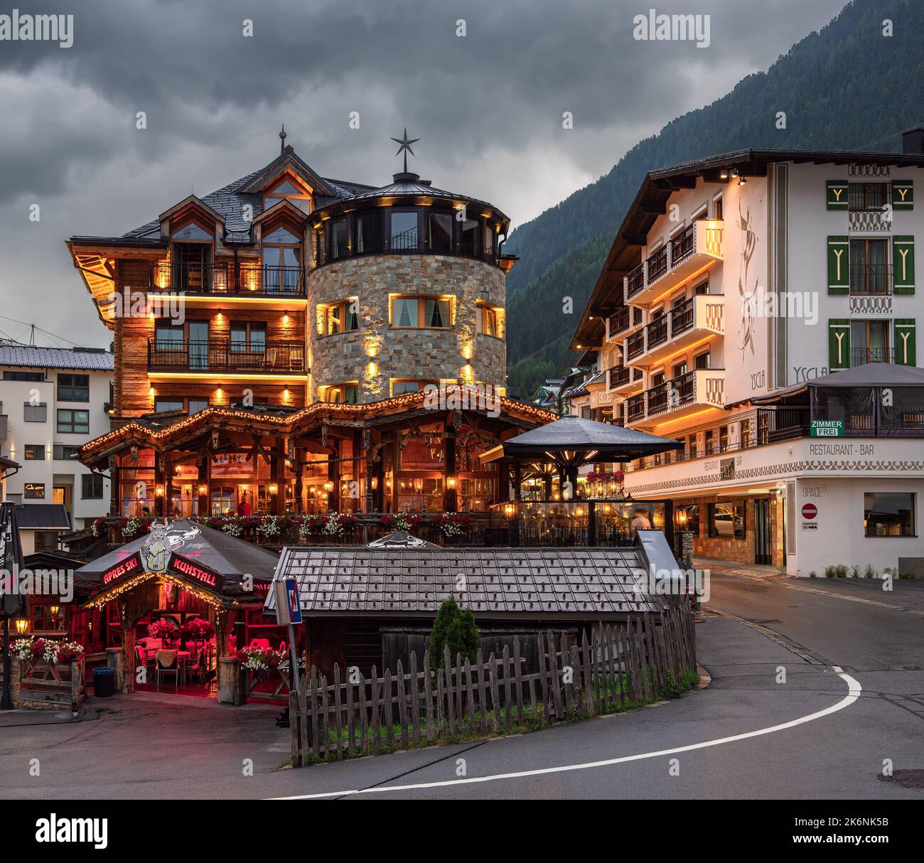 Ischgl, Austria - July 25, 2022: Hotels and restaurants in tourist ski resort Ischgl in austrian Tyrol Stock Photo