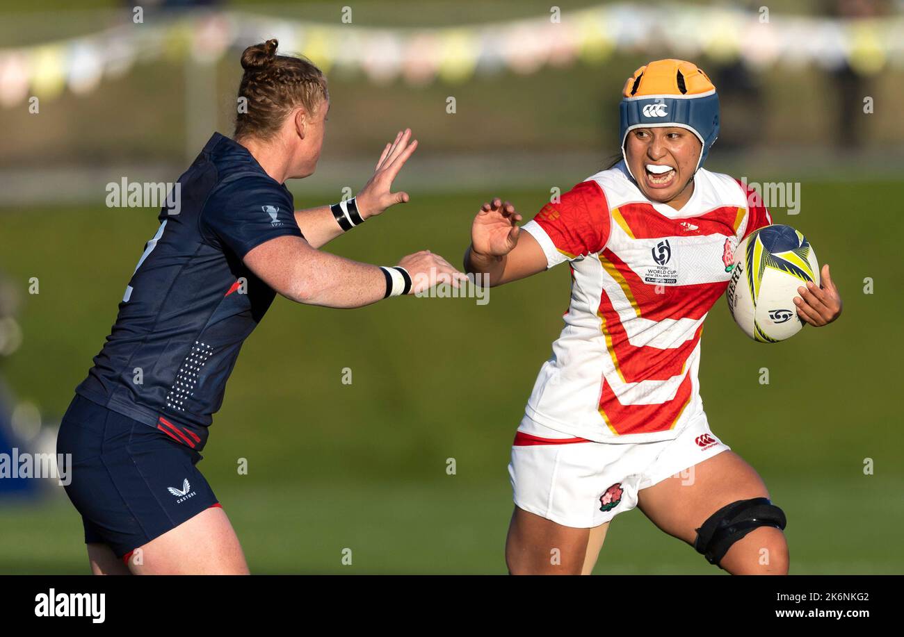 Japan's Kyoko Hosokawa (right) in action during the Women's Rugby World Cup pool B match at Northland Events Centre, Whangarei, New Zealand. Picture date: Saturday October 15, 2022. Stock Photo