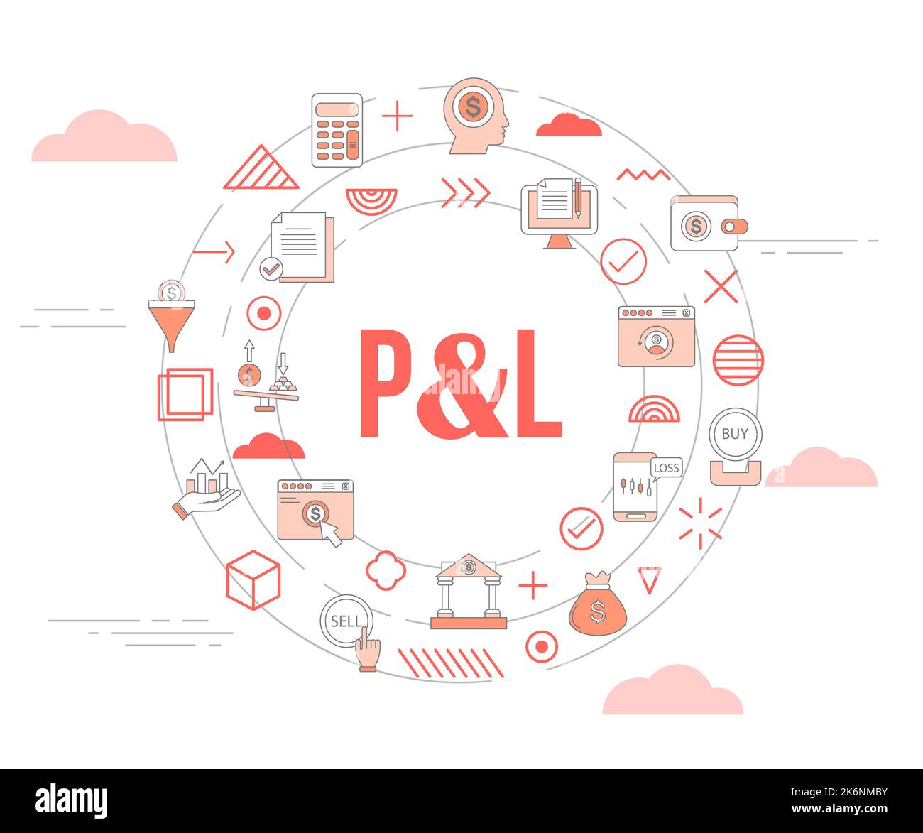 p and l profit and loss concept with icon set template banner and circle round shape vector