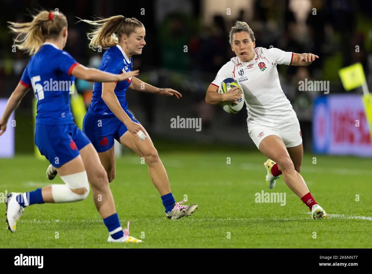 England's Claudia MacDonald (right) in action during the Women's Rugby World Cup pool C match at Northland Events Centre, Whangarei, New Zealand. Picture date: Saturday October 15, 2022. Stock Photo