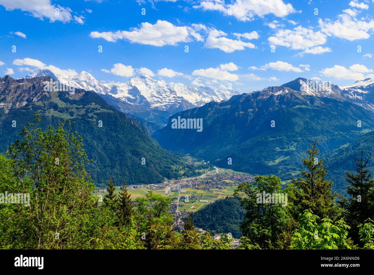 Breathtaking aerial view of Interlaken and Swiss Alps from Harder Kulm viewpoint, Switzerland