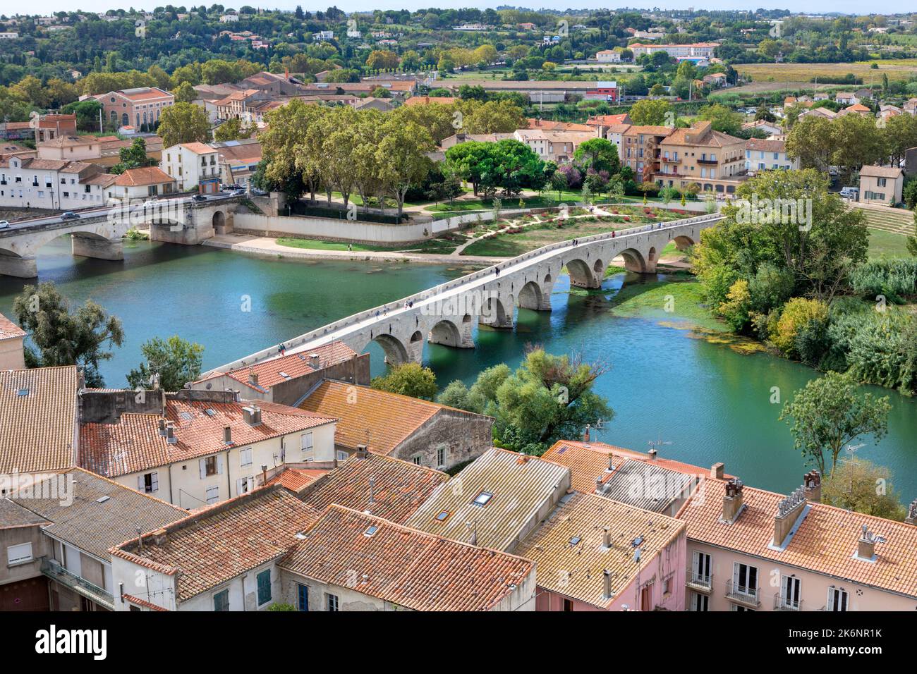 A high level view of Pont Vieux, Beziers, France. Stock Photo