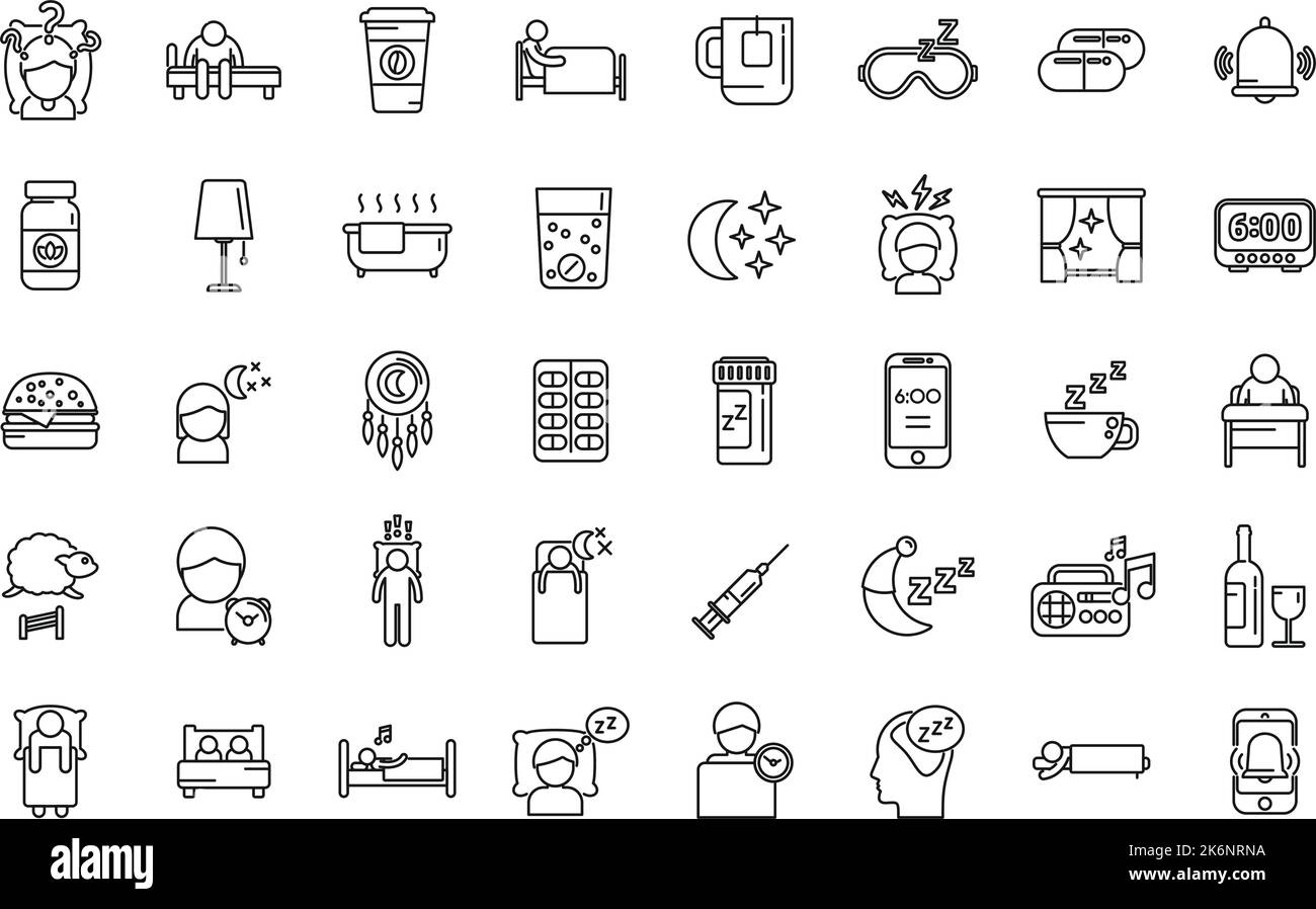 Sleep problems icons set outline vector. Sleep mask. Dream trouble Stock Vector