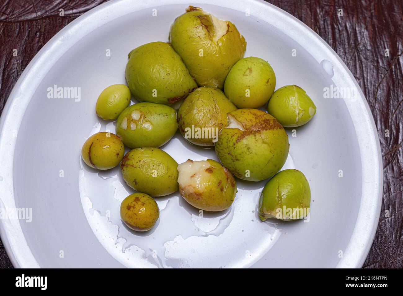 South American fruits known as mangabas of the tree Hancornia speciosa commonly called mangabeira on a white plate Stock Photo