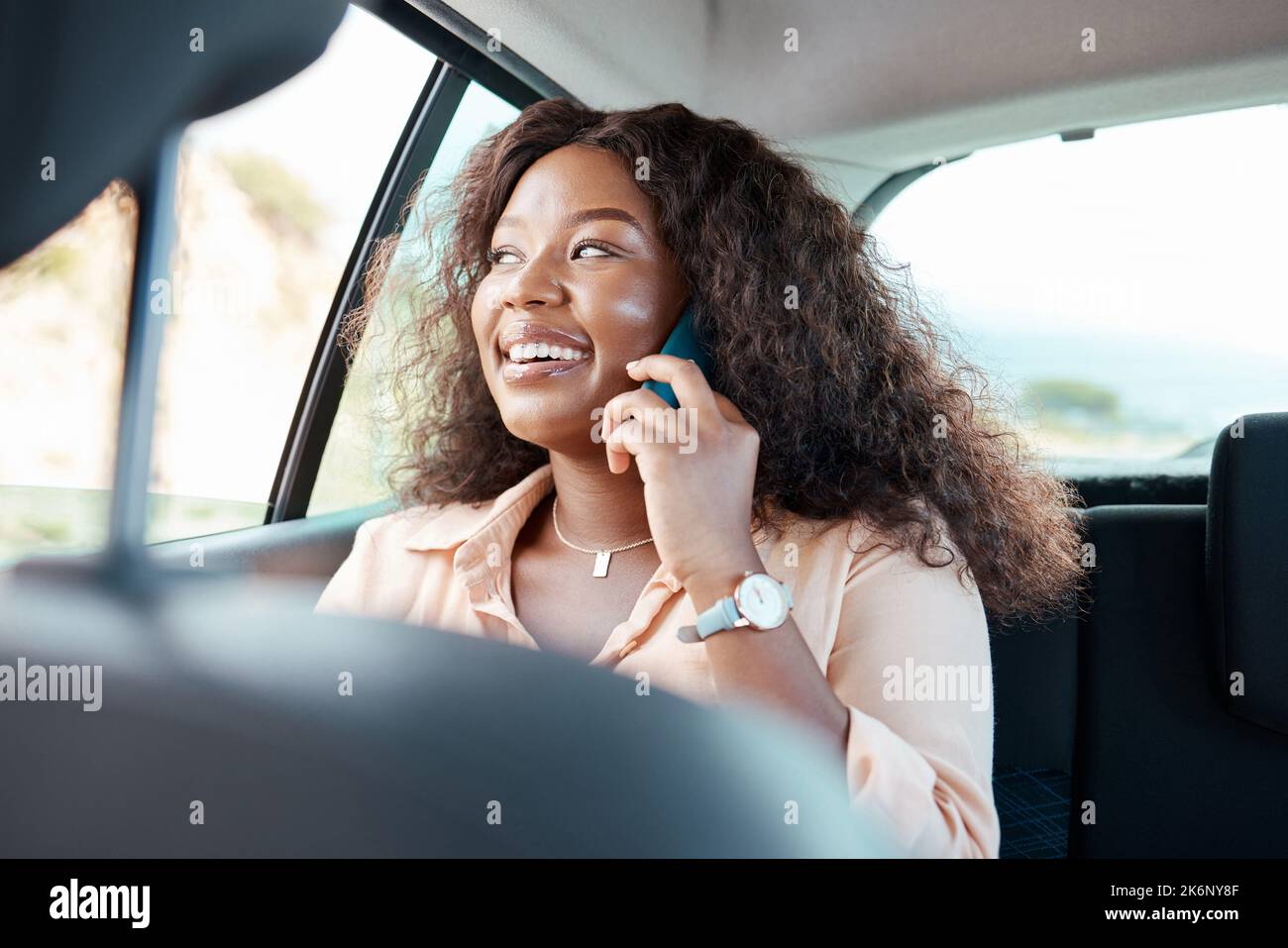 Travel, black woman and phone call car passenger looking out window on