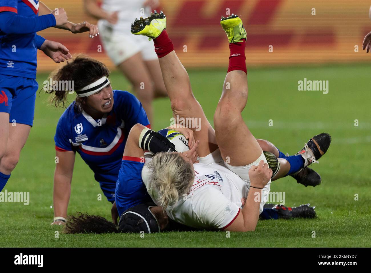 England's Marlie Packer is tackled during the Women's Rugby World Cup pool C match at Northland Events Centre, Whangarei, New Zealand. Picture date: Saturday October 15, 2022. Stock Photo