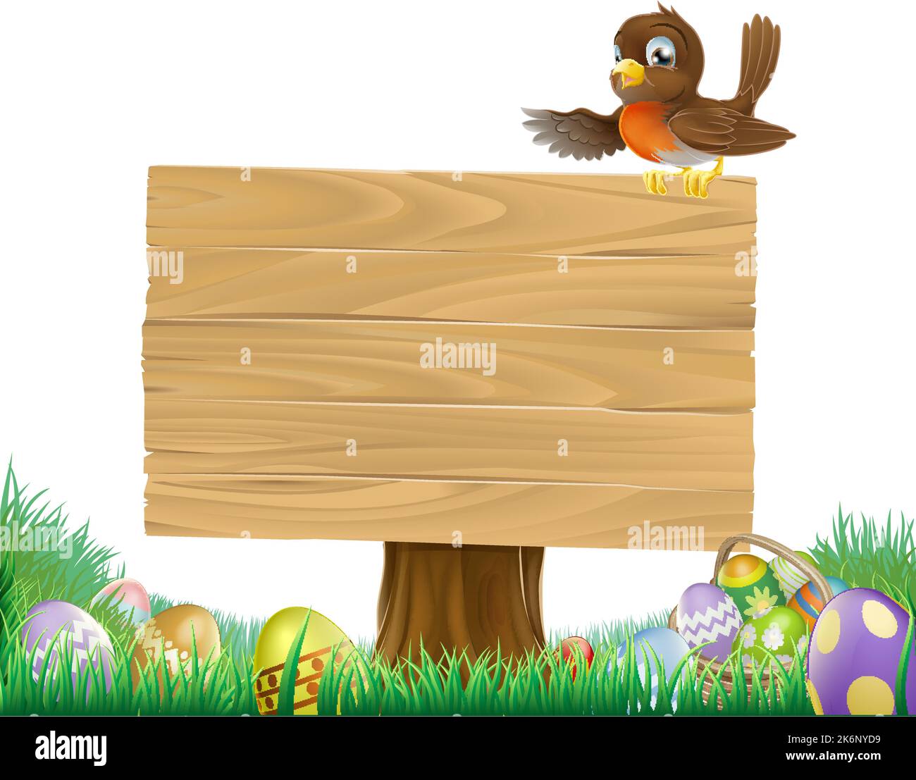Easter Eggs Robin Bird Cartoon Wooden Sign Stock Vector