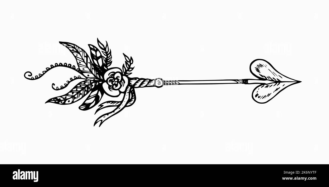 Arrow with flowers, feathers and ribbons, simple doodle drawing, gravure style Stock Photo