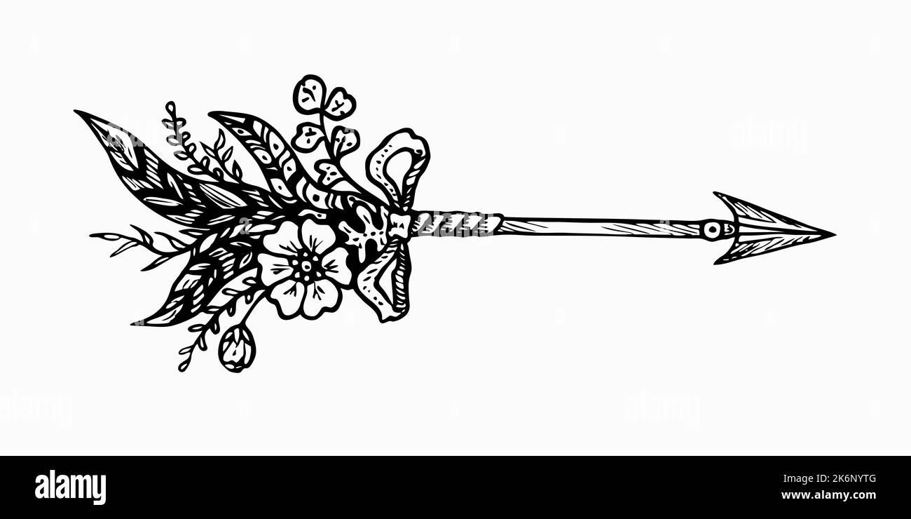 Arrow with flowers, twigs with leaves, feathers and ribbons, simple doodle drawing, gravure style Stock Photo