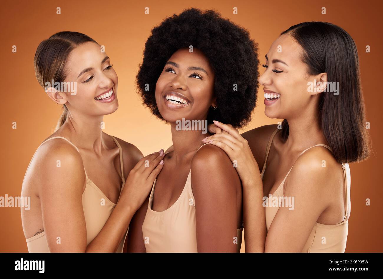 Friends, beauty and women diversity of model group laugh, happy and friendship together. People smile feeling calm, female empowerment and community Stock Photo