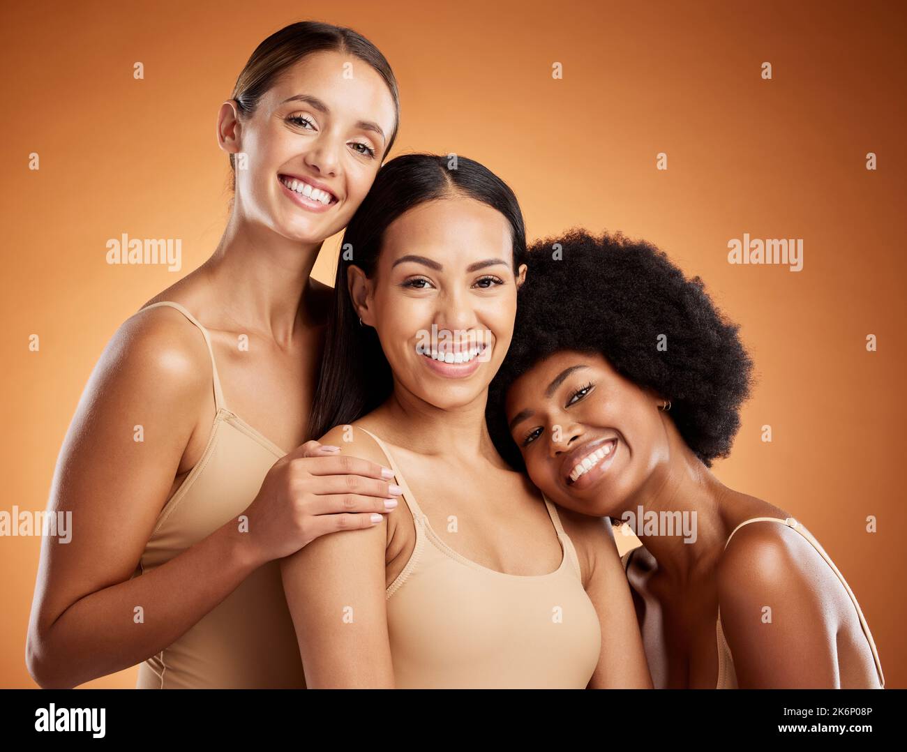 Beauty, diversity skincare portrait of women with smile, makeup and cosmetics for natural skin and hair. Group of self love female models posing for Stock Photo