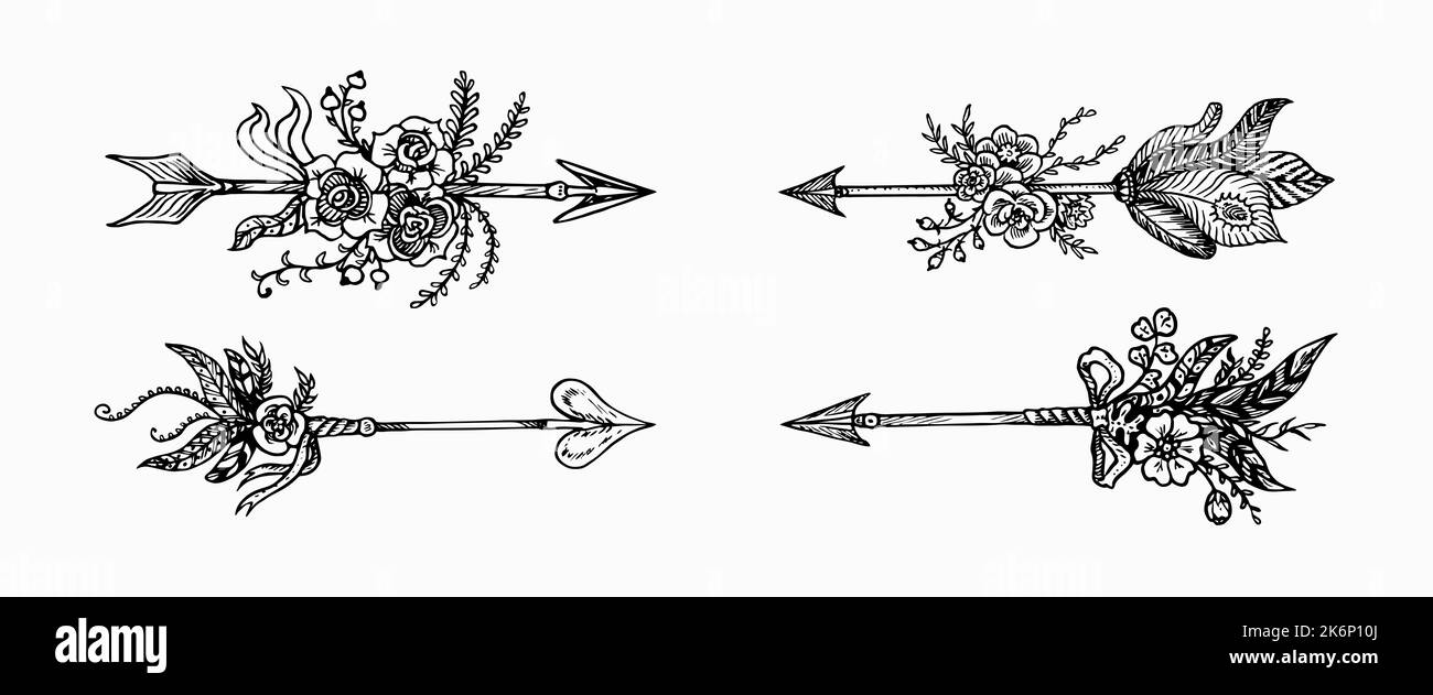 Arrows collection with flowers and  feathers, simple doodle drawing, gravure style Stock Photo