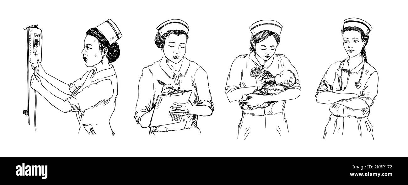 Nurse working set, hand drawn doodle, sketch in pop art style, black ...