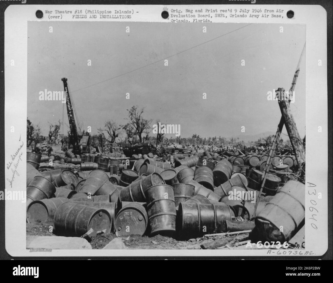 Gasoline dump at Dulag, on the east coast of Leyte Island, in the Philippines. Stock Photo