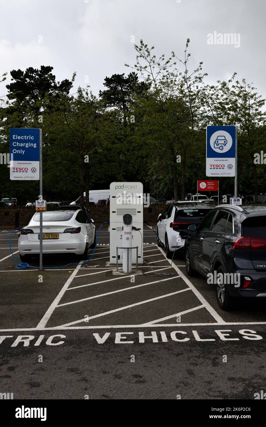 Electric charging cars when shopping at Tesco Store Stow on the Wold