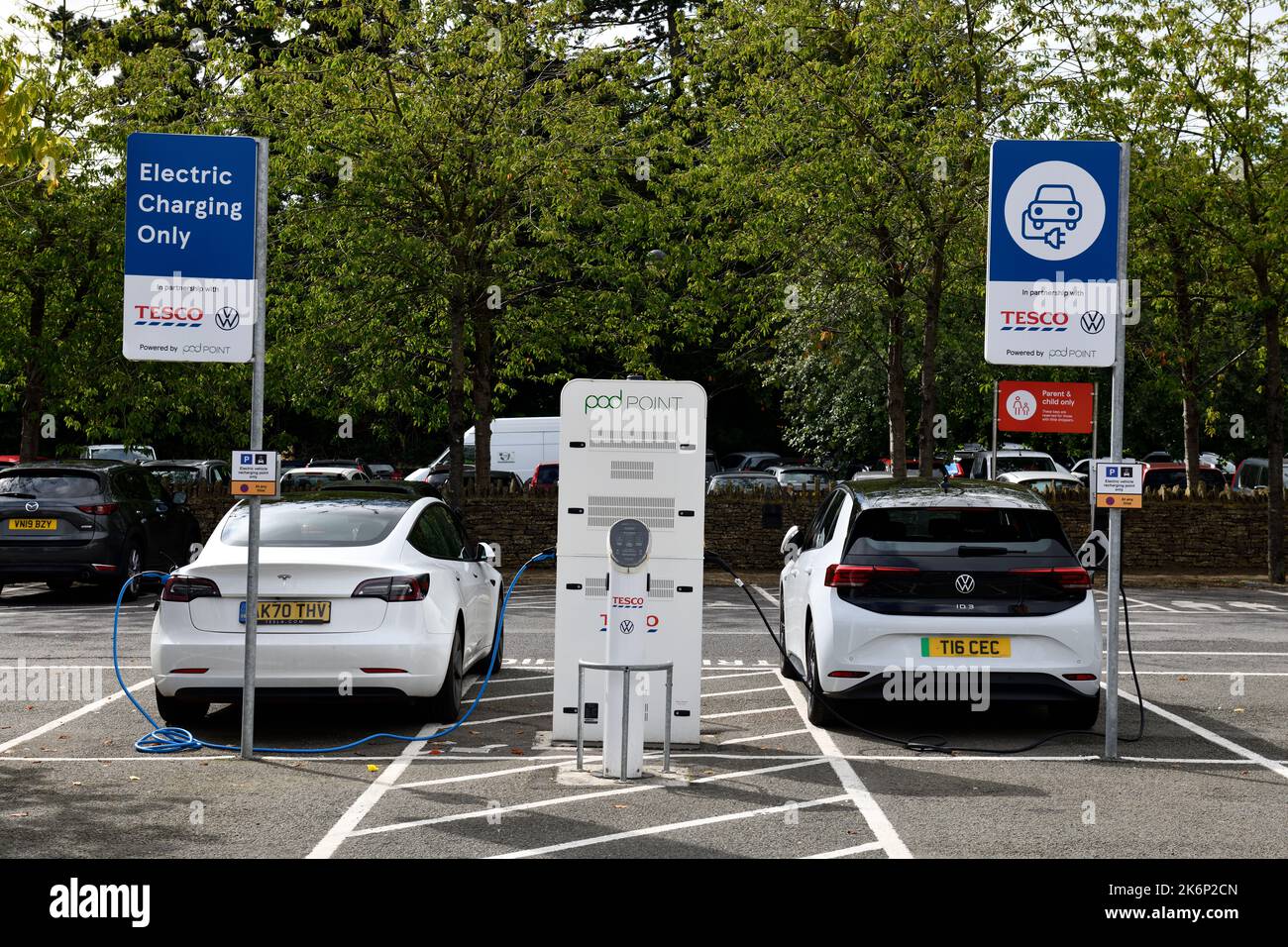 Electric charging cars when shopping at Tesco Store Stow on the Wold