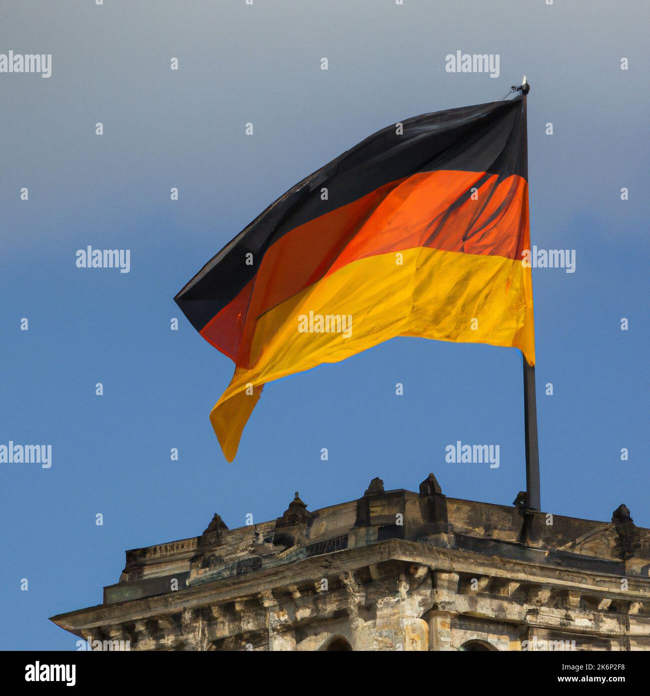 German Flag waving in the Wind on a sunny day with blue sky. Generated with Open AI. Stock Photo