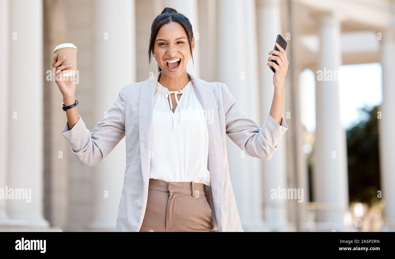 Excited, coffee and business woman with phone for motivation, happy communication and notification in city of Germany. Portrait of corporate worker in Stock Photo