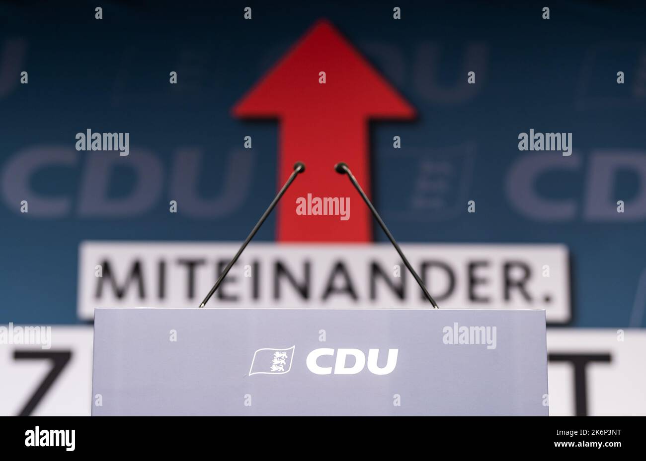 Villingen Schwenningen, Germany. 15th Oct, 2022. The logo of the CDU stands on the speaker's podium during the state party conference of the CDU Baden-Württemberg at the exhibition center. Credit: Silas Stein/dpa/Alamy Live News Stock Photo