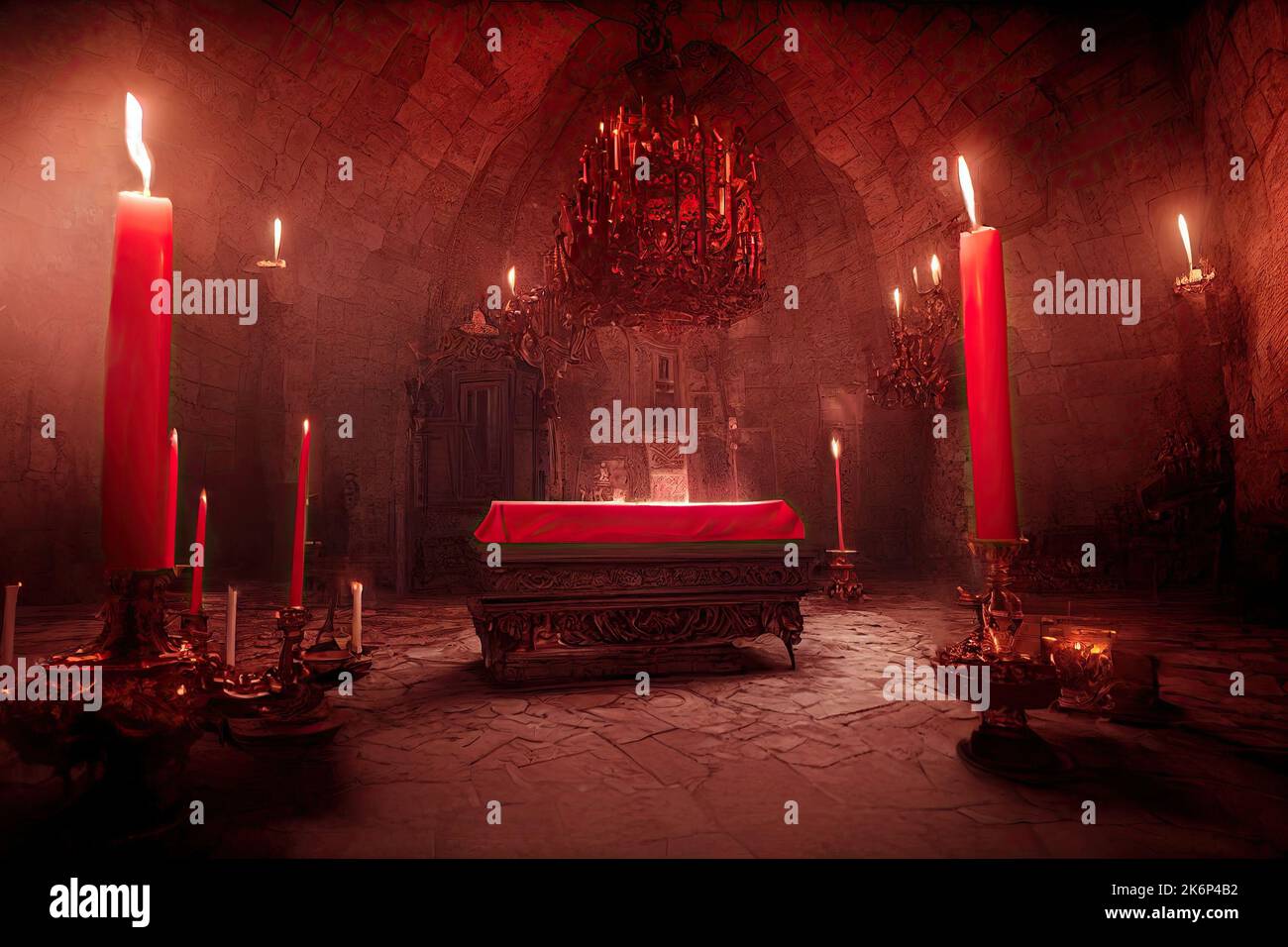 interior of a Dracula castle, Victorian furniture, and a coffin lit