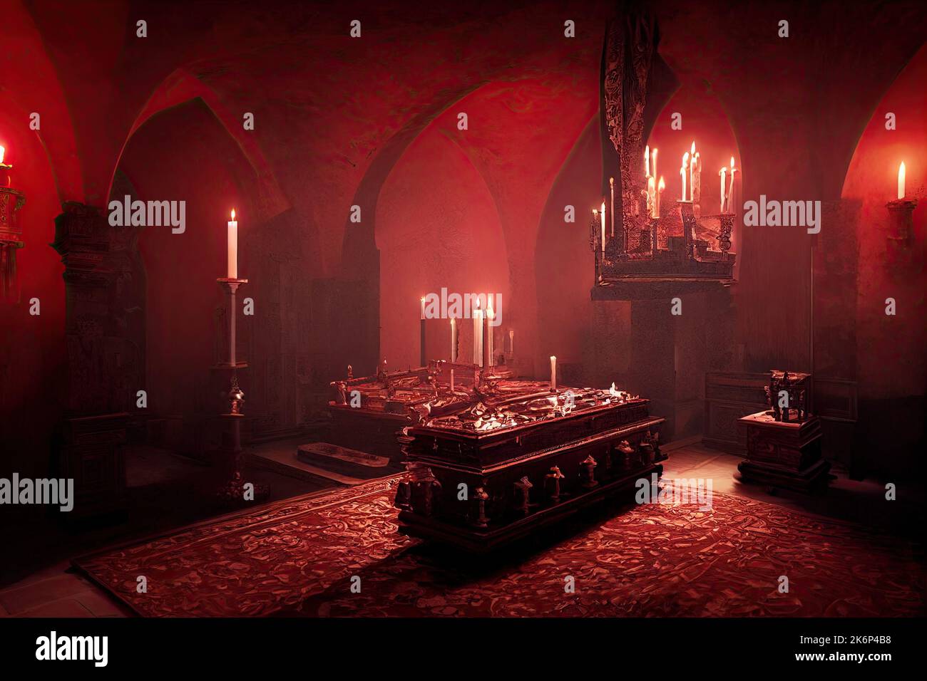 interior of Dracula castle, victorian furnitures and coffin illuminated