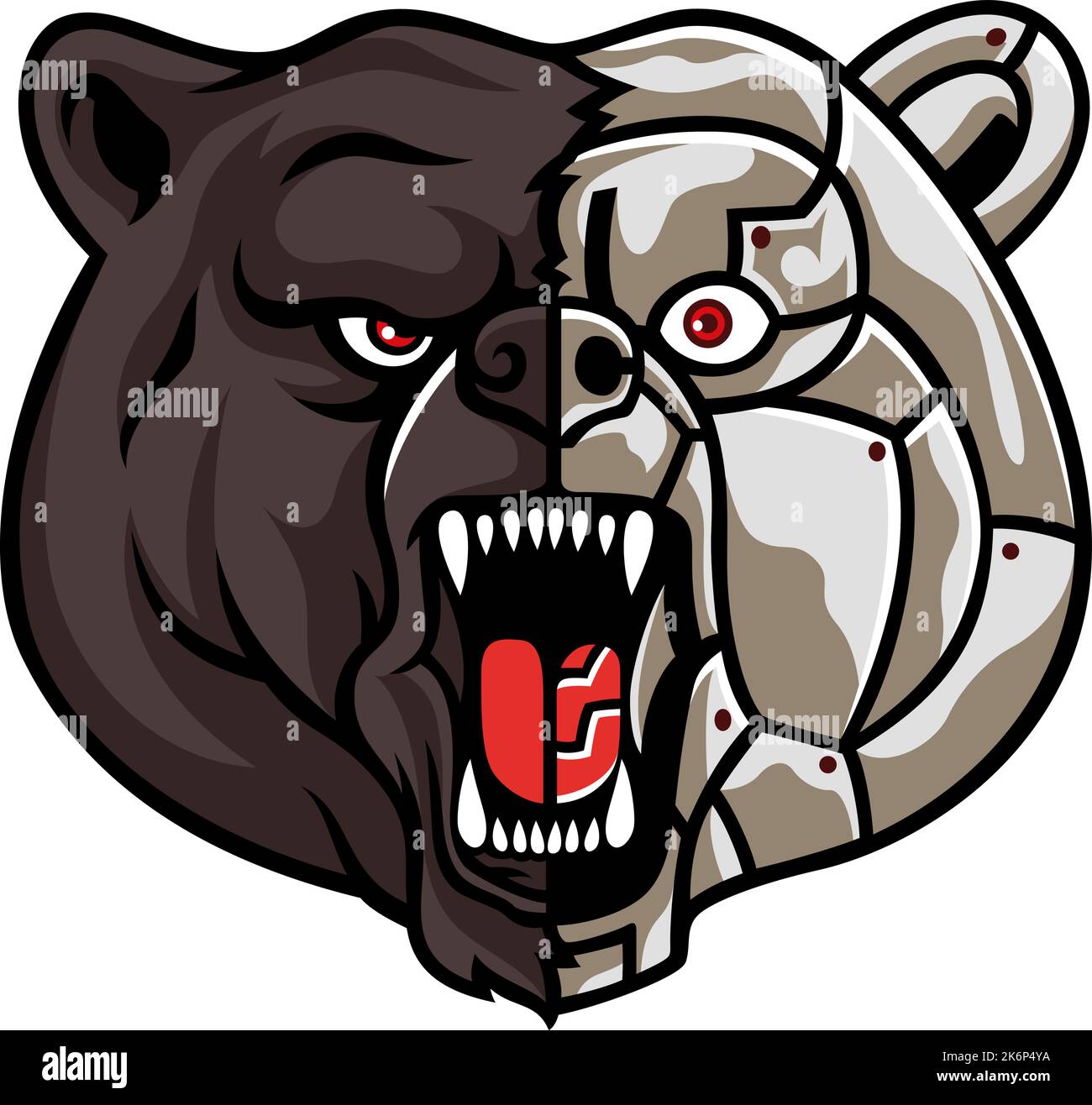 Illustration of Grizzly Bear Head Roaring with a Half Robot Face Stock Vector