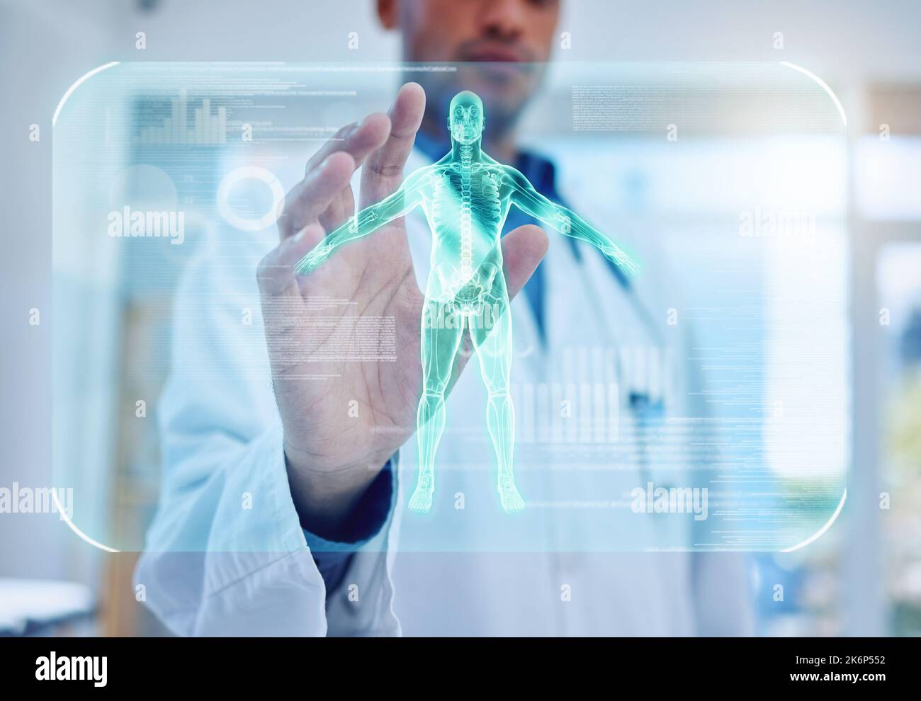 3D xray, hand or doctor and man human body scan, injury or skeleton ai