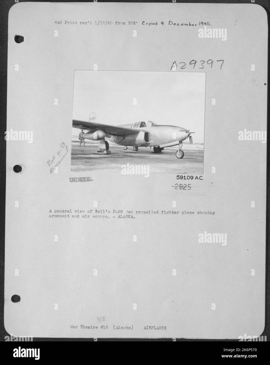 A general view of Bell's P59 jet propelled fighter plane showing