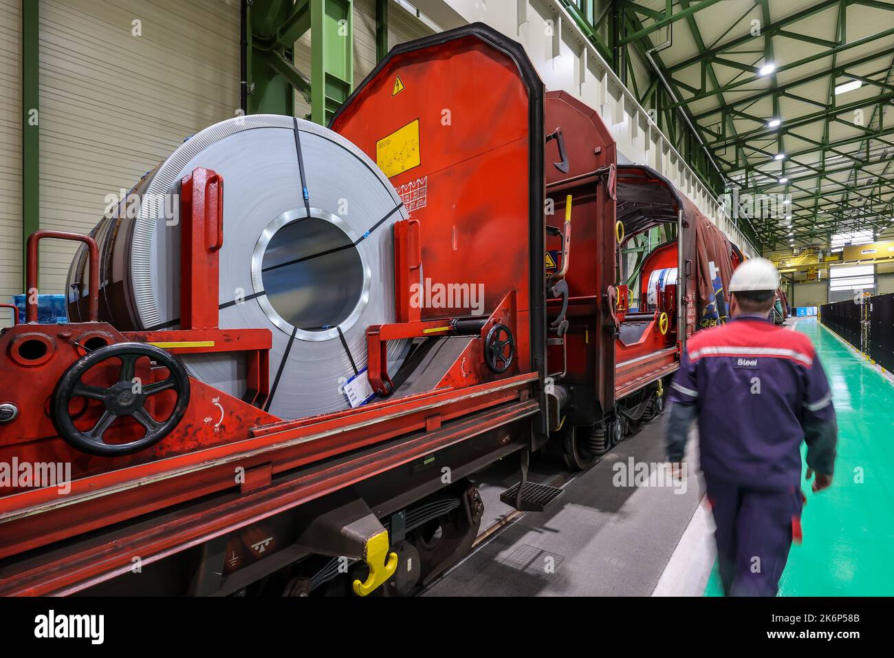 Dortmund, North Rhine-Westphalia, Germany - ThyssenKrupp Steel, FBA 10 Hot-dip coating line 10, on the site of the Westfalenhuette, steel sheets are h Stock Photo