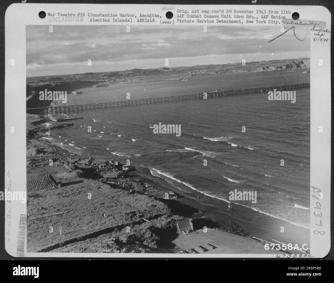 Panoramic view of Constantine Harbor, Amchitka, Aleutian Islands, looking northwest. 10 October 1943. Stock Photo
