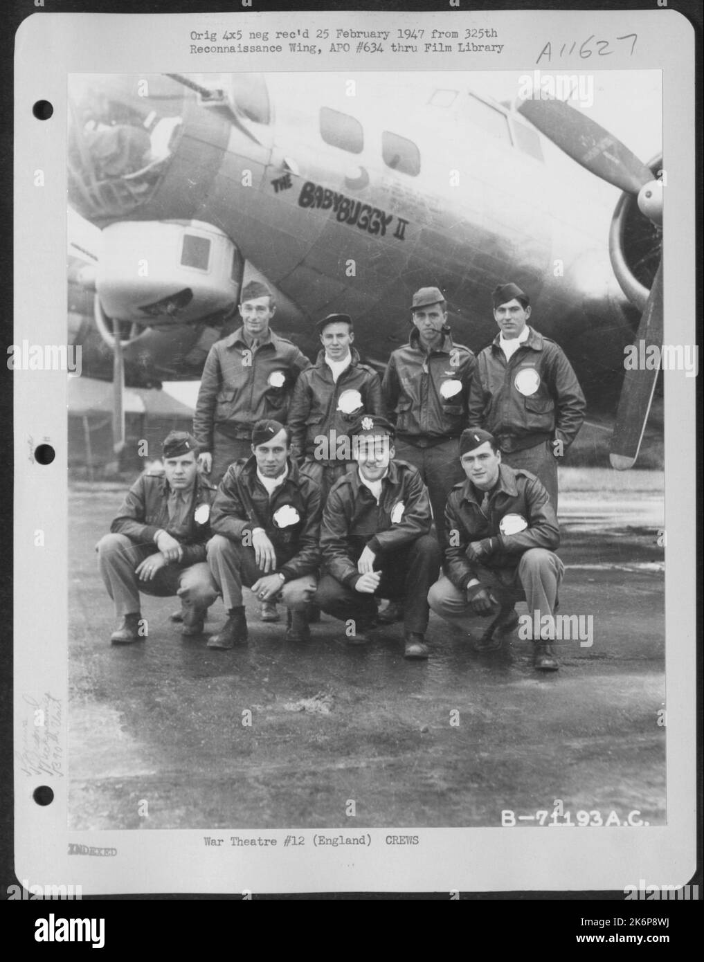 Lt. Livingston And Crew Of The Boeing B-17 "The Baby Buggy Ii" Of The 390Th Bomb Group Pose By Their Plane At Their Base In England On 29 October 1944. Stock Photo