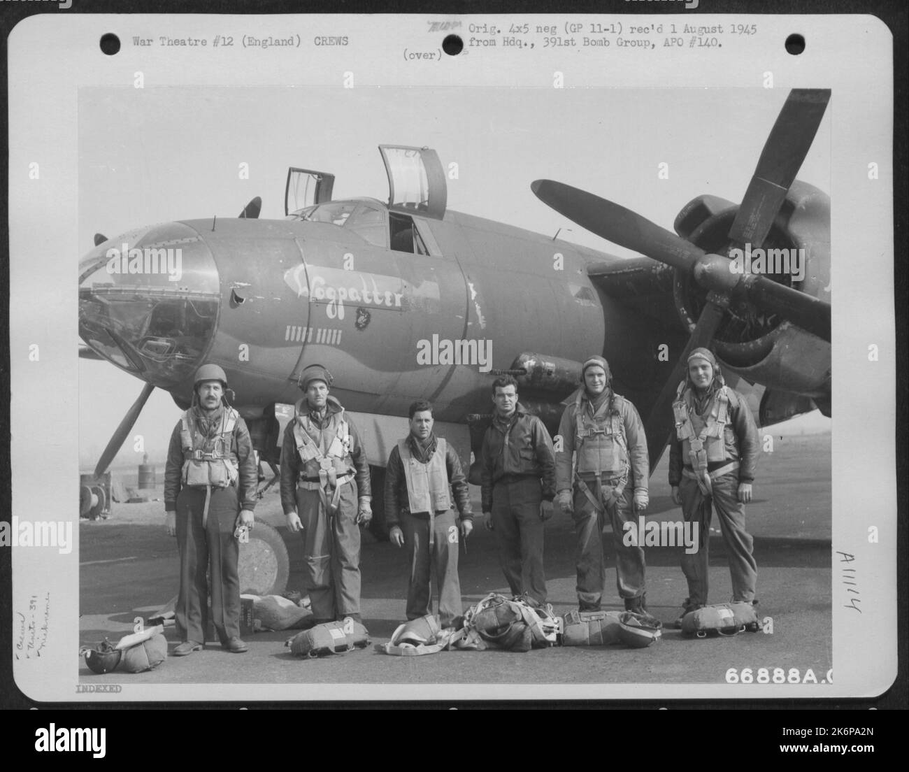 Crew Of The 391St Bomb Group Pose In Front Of The Martin B-26 Marauder 'Wogpatter'. England, 31 March 1944. Stock Photo