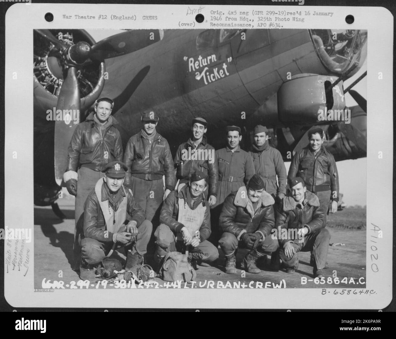 Lt. Urban And Crew Of The 381St Bomb Group In Front Of A Boeing B-17 'Flying Fortress' 'Return Ticket' At 8Th Air Force Station 167, England. 24 February 1944. Stock Photo