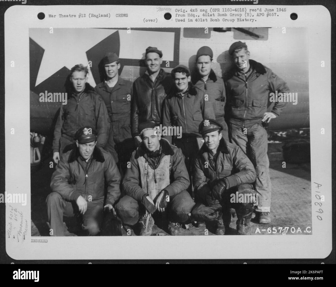 Lt. Udy And Crew Of The 615Th Bomb Squadron, 401St Bomb Group, Beside A Boeing B-17 'Flying Fortress' At An 8Th Air Force Base In England, 31 October 1944. Stock Photo
