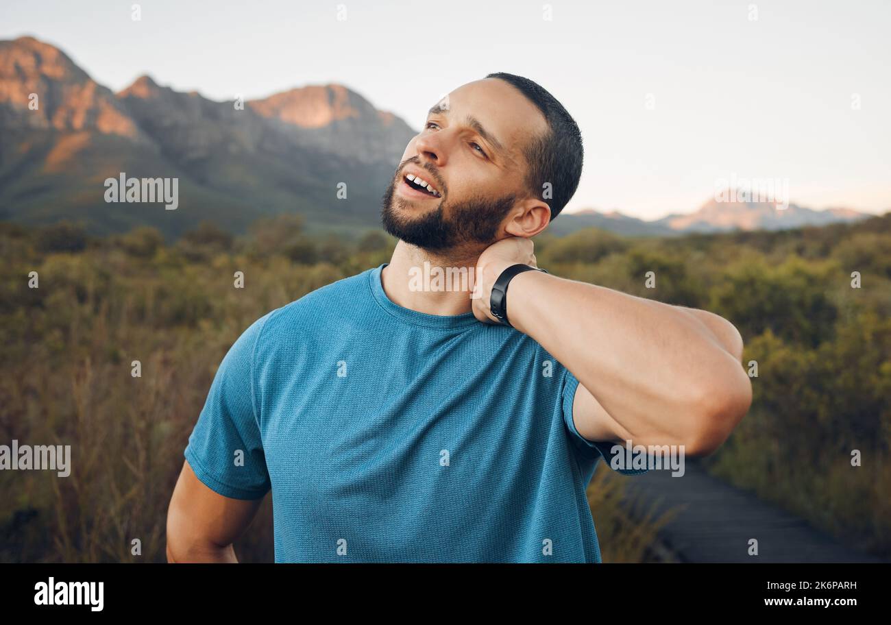 Neck pain, injury and problem sports man, athlete and training, workout or exercise on hiking