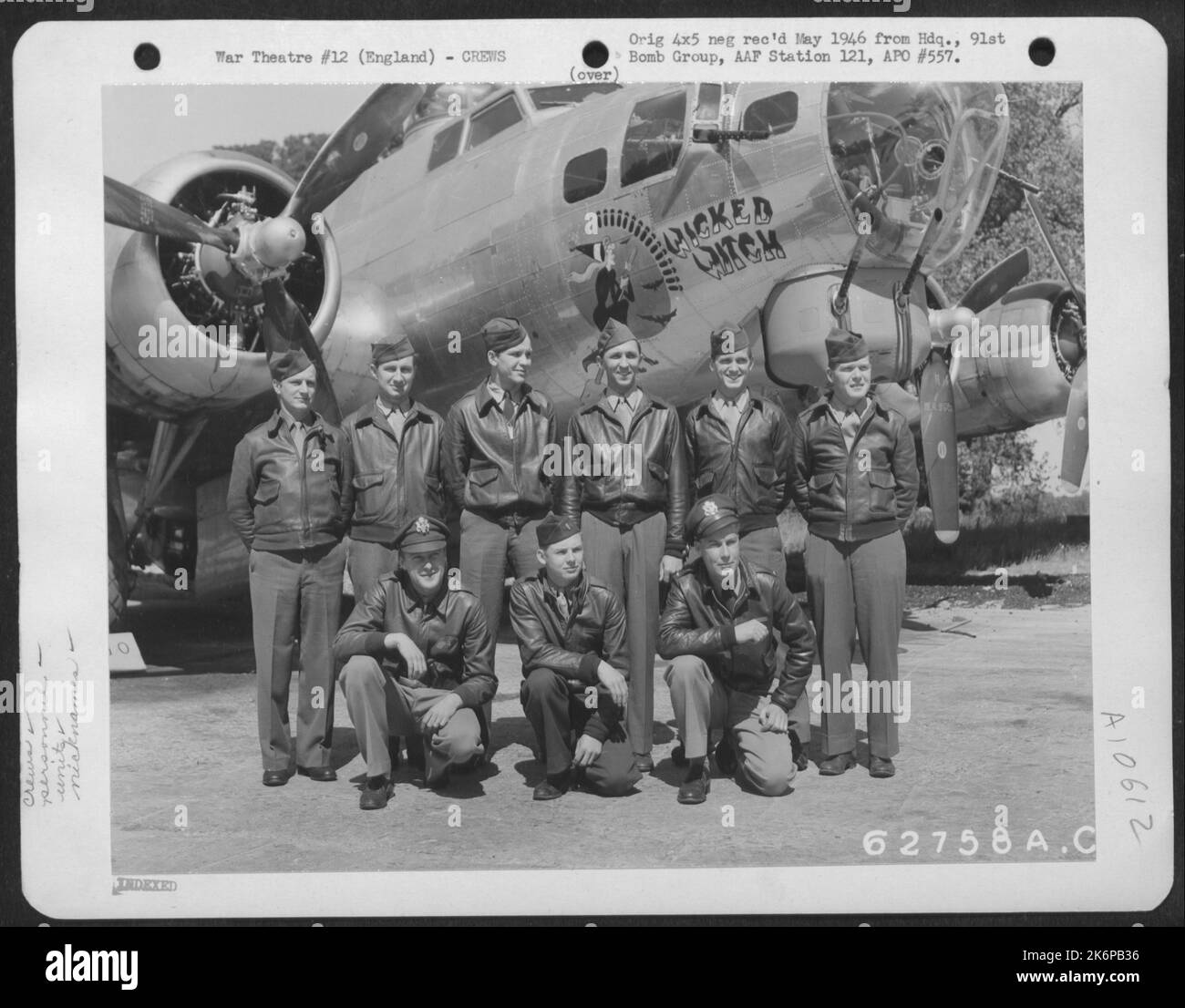 Lt. John D. Kerr And Crew Of The 323Rd Bomb Sq., 91St Bomb Group, 8Th Air Force, In Front Of A Boeing B-17 'Flying Fortress' 'Wicked Witch'. England. Stock Photo