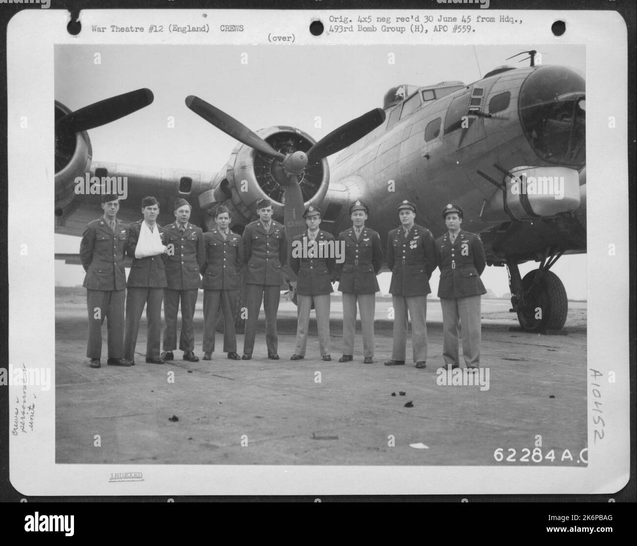 Lt. Livingston And Crew Of The 862Nd Bomb Sq. 493Rd Bomb Group, In Front Of Boeing B-17 Flying Fortress. England, 7 November 1944. Stock Photo