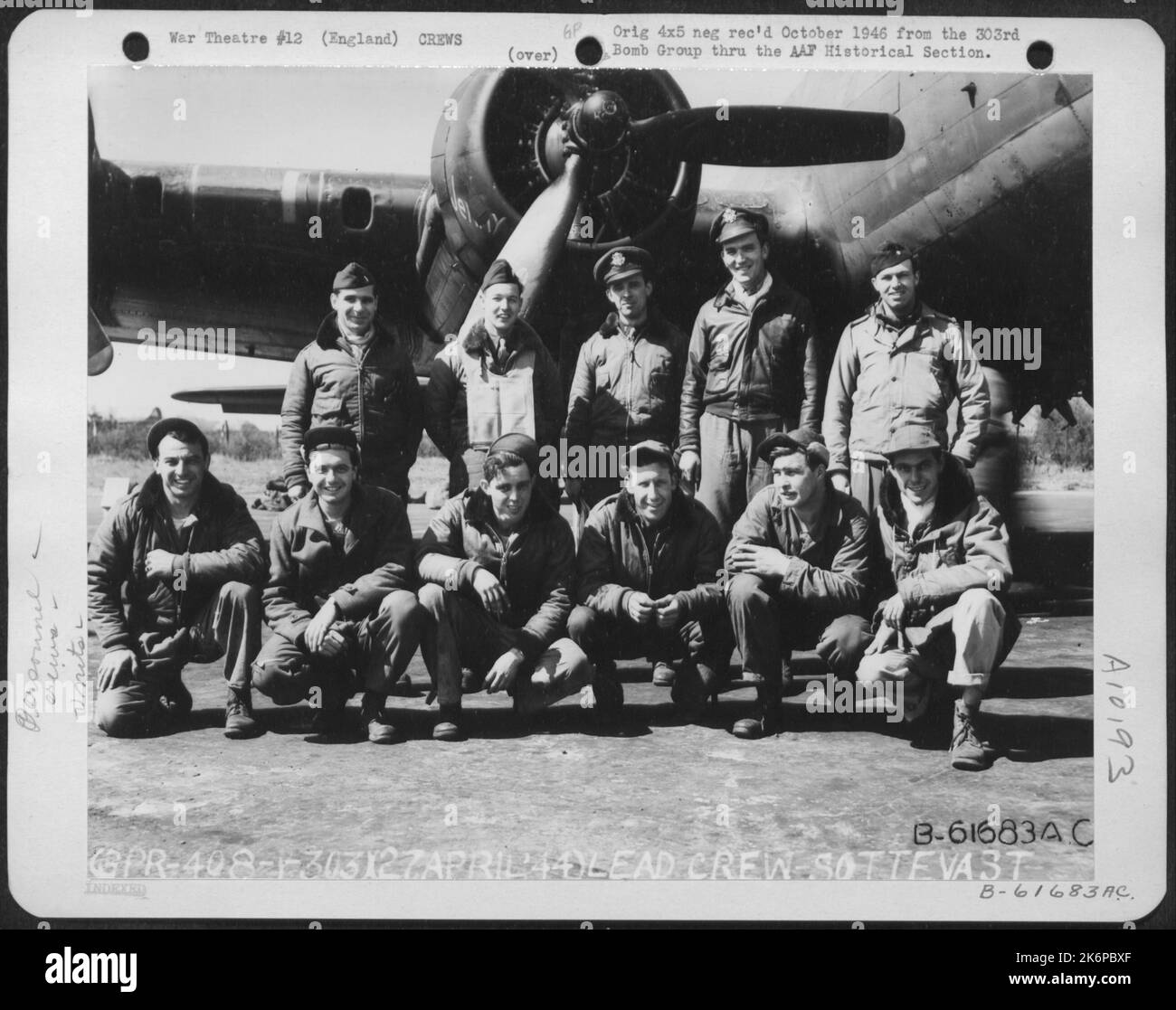 Major Shaylor And Lead Crew On Bombing Mission To Sottevast, France, Pose In Front Of A Boeing B-17 Flying Fortress. 360Th Bomb Squadron, 303Rd Bomb Group, England. 27 April 1944. Stock Photo