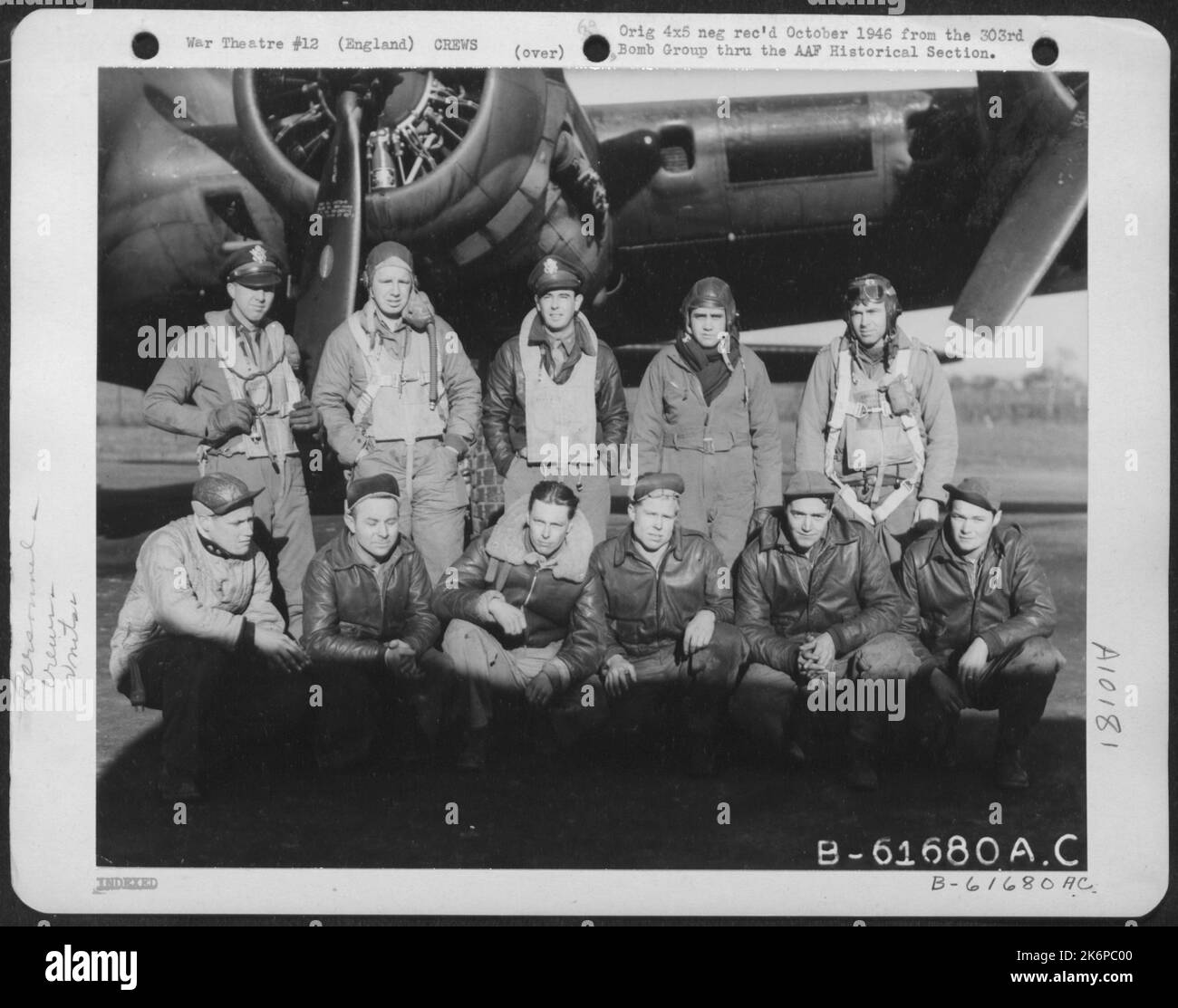 Major Shaylor And Lead Crew On Bombing Mission To Frankfurt, Germany Pose In Front Of A Boeing B-17 Flying Fortress. 360Th Bomb Squadron, 303Rd Bomb Group, England. 2 March 1944. Stock Photo