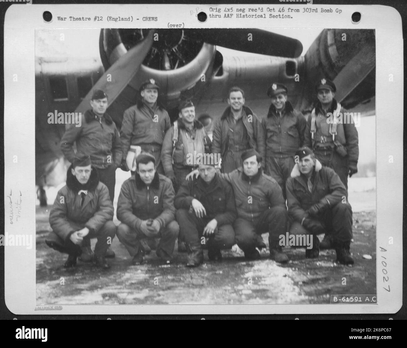 Lead Crew On Bombing Mission To Belecke, Germany, Beside A Boeing B-17 'Flying Fortress' 'Hell's Angels'. 358Th Bomb Squadron, 303Rd Bomb Group, England. 10 January 1945. [Crew Of Hugh B. Johnson, Per Him On 4/26/90] Stock Photo