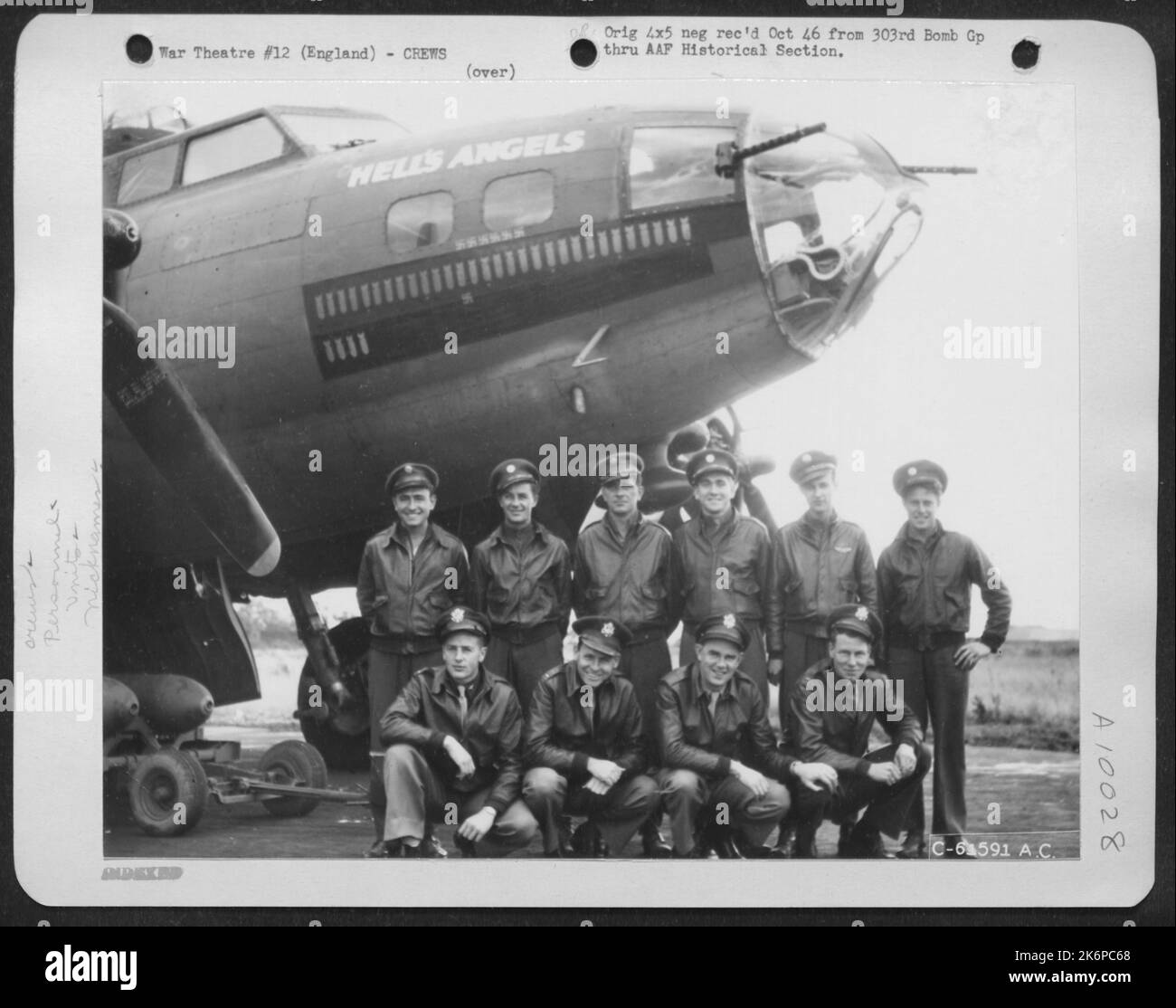 Lt. W.J. Monahan With Crew Of The 358Th Bomb Squadron, 303Rd Bomb Group, Beside A Boeing B-17 'Flying Fortress' 'Hell's Angels'. England, 10 August 1943. Stock Photo