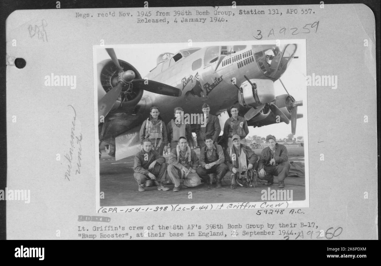 Lt. Griffin's Crew Of The 8Th Af's 398Th Bomb Group By Their B-17 'Ramp Rooster' At Their Base In England, 26 September 1944. Stock Photo