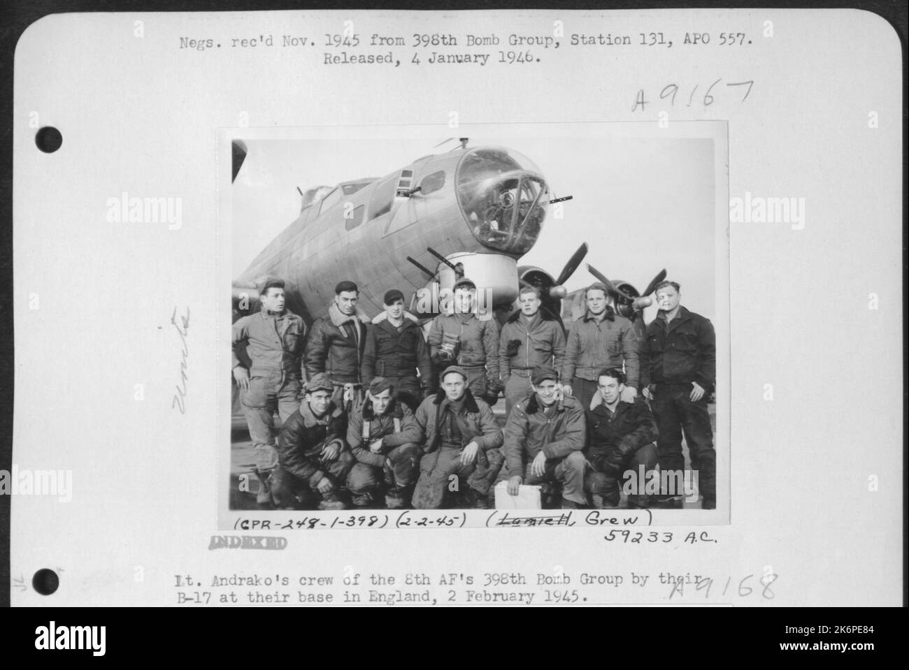 Lt. Adnrako's Crew Of The 8Th Af 398Th Bomb Group Standing By Their B ...